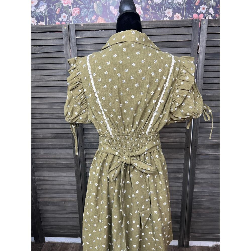 Bohme Olive Green Ditsy Floral 100% Cotton Puff Sleeve Mini Dress S NWOT Smocked - Picture 5 of 10